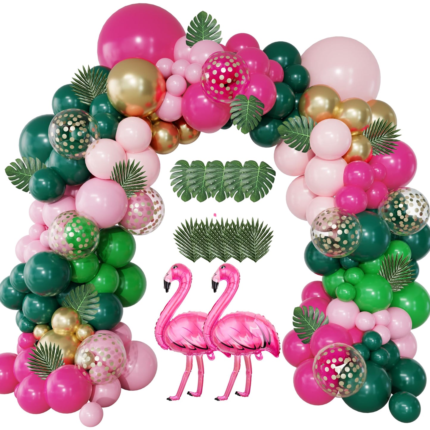 156Pcs Tropical Flamingo Balloon Arch Garland Kit, Hot Pink Dark Green Light Pink Gold Confetti Flamingo Foil Balloons with Palm Leaves for Hawaiian Luau Aloha Summer Beach Birthday Party Decorations