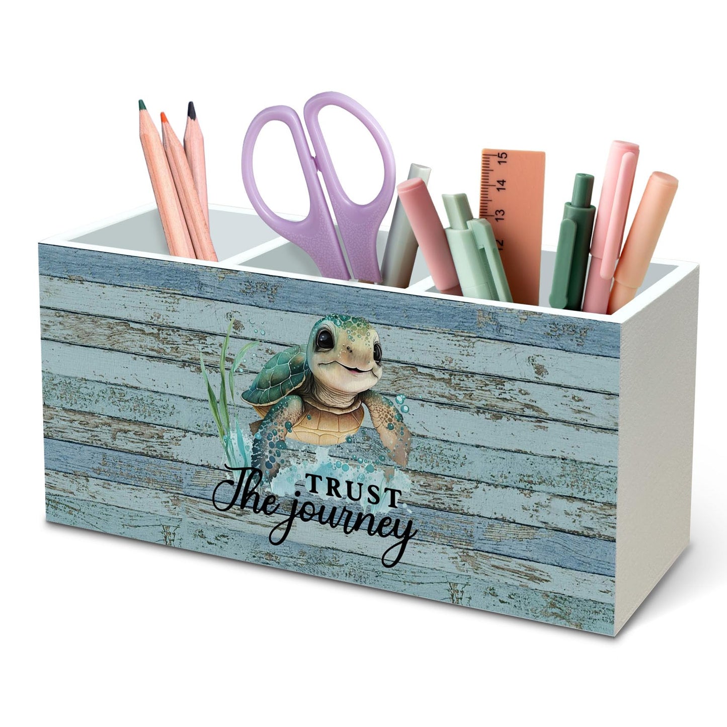 DILSJ Coastal Beach Sea Turtle Pen Pencil Holder Organizer for Desk, Sea Turtle Gifts, Trust the Journey Inspirational Wooden Box Signs for Home Office Desk Tabletop Decoration