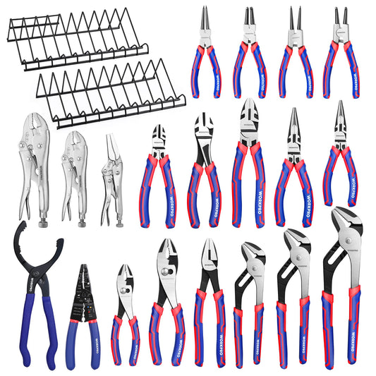 WORKPRO Pliers Set, 20-Piece Full Assortment of Pliers with 2-pack Plier Organizer Rack, Great Fits for Tool Box Drawer or Tool Chest, Ideal as Home, Garage, Mechanics & DIY Projects