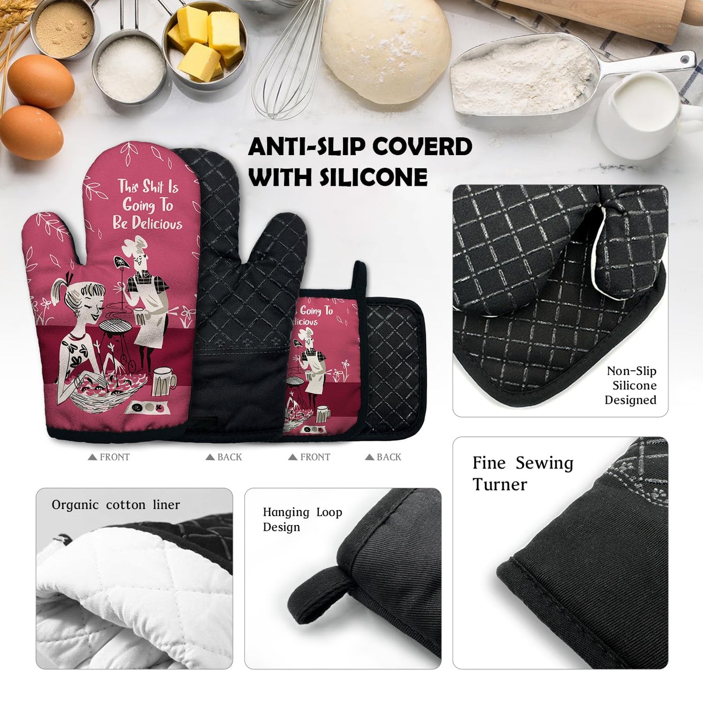 ZHANTUONE This Sxxt is Going to be Delicious Funny Heat Resistant Oven Mitts and Pot Holders Set with Silicone Non-Slip, Retro Adult Humor Cooking Baking BBQ Gadgets, Gifts for Chef Bakers Wife BFF