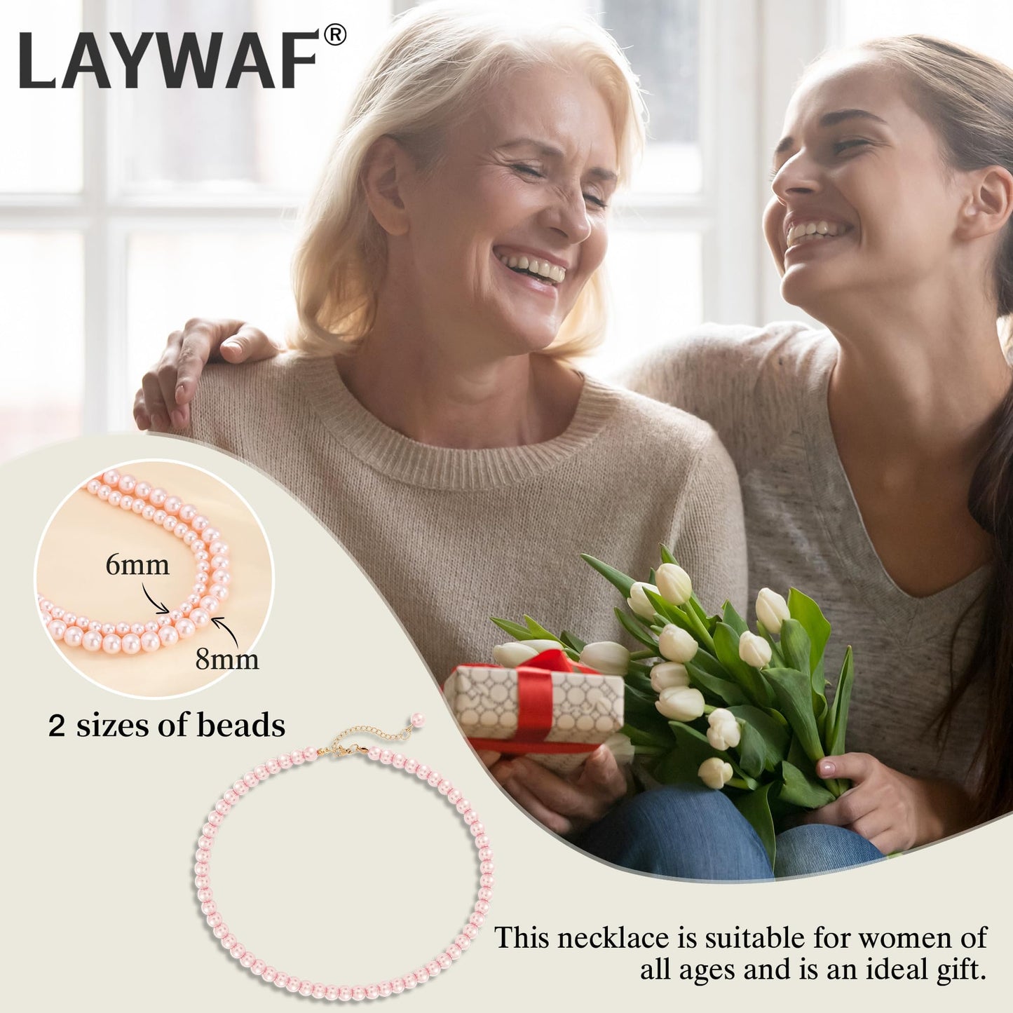LAYWAF Imitation Pearl Pink Choker Necklace for Women, 8MM Beaded Necklace, Fake Pearl Mom Necklace, Simple Dainty Faux Pearl Necklace for Wedding Bride Bridal