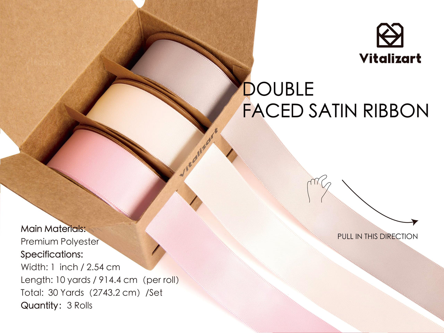 Vitalizart Ribbon for Gift Wrapping 1" x 30Yd Doubel Face Continuous Functional Satin Ribbon for Crafts Silk Like Fabric Flower Bouquet Birthday Party Bridal Shower Wreath Hair Pink White Nude