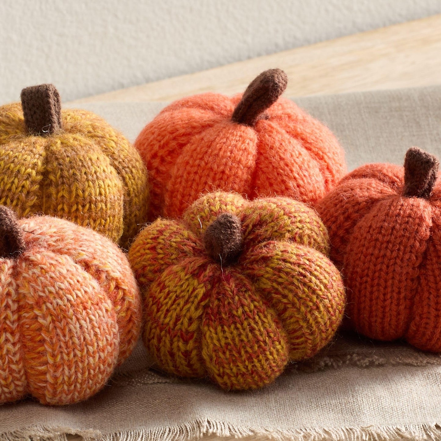Your Heart's Content Set of 5 Cozy Mini Knit Pumpkins Classic Autumn Orange Gold Rust, Table top Bowl Filler, Kitchen Tiered Tray for Gift, Gift for Hostess (Sunset 2.5 Inch Set)