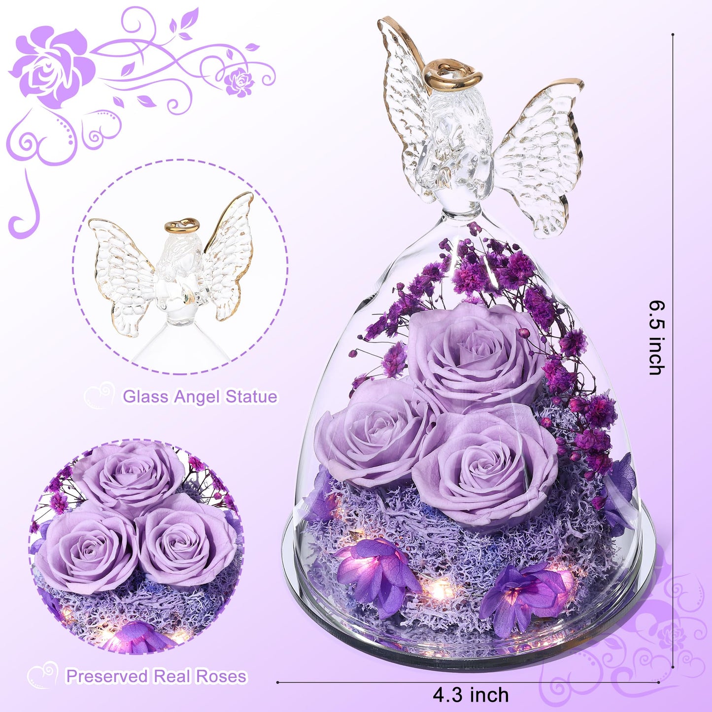 Tiaronics Mothers Day Mom Gifts for Women Preserved Flowers in Glass Angel Forever Flowers Gifts Eternal Roses Gifts for Grandma, Light Purple