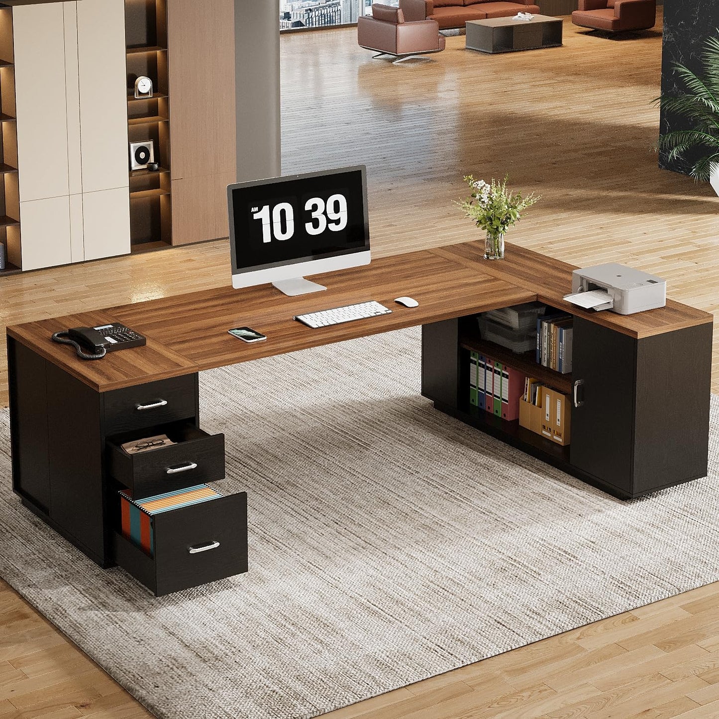 Tribesigns 85.8-Inch L-Shaped Executive Desk with File Drawers, Door Cabinet & Shelves, Extra Large Commercial Office Desk, Modern Professional Office Table, Business Furniture, Warm Brown & Black