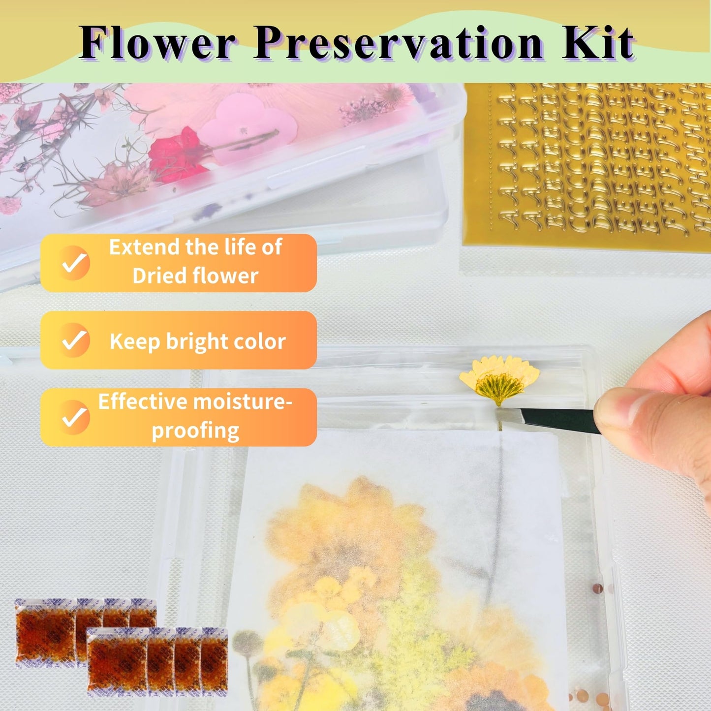 4PCS Dried Flower Storage Organizer Kit with DIY Keychain Resin Molds - Flower Preservation Kit with Blotting Paper, Ziplock Bag and Desiccant for Keep Seasonal Blooms & Wildflowers (6.1x4.4 inch)
