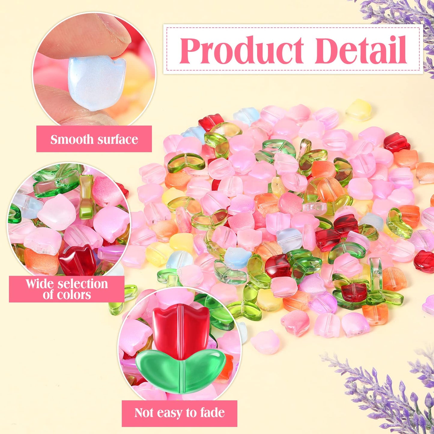 Huquary 320 Pcs Colorful Translucent Tulip Flower Beads Handcrafted Tulip Glass Spacer Bead Crystal Loose Glass Flower Beads for Jewelry Making Earring Bracelet DIY Craft Spring Summer Gifts