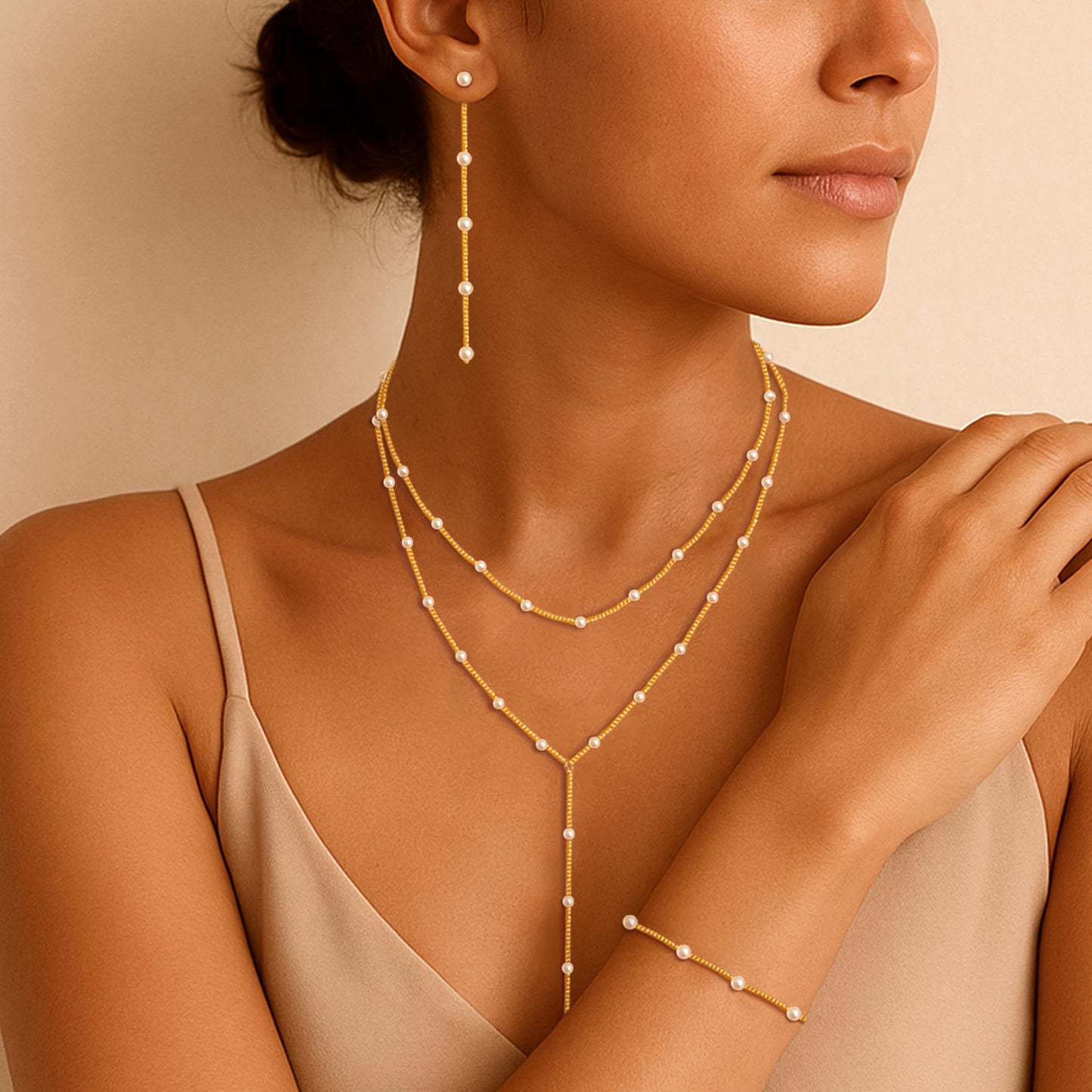 Zeffy Lariat Long Gold Necklace for Women Gold Jewelry Set Dainty Layered Pearl Y Necklaces Pearl Drop Earrings Bracelets Trendy Wedding Bride Jewelry Gift