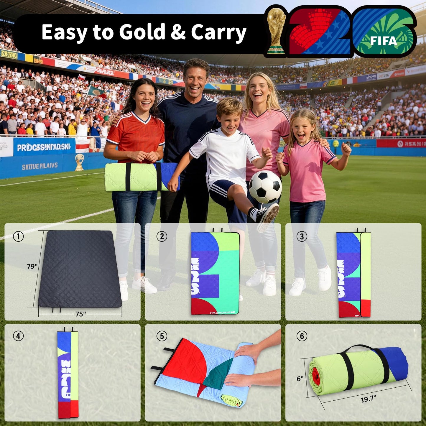 MESUCA FIFA World Cup 2026 Picnic Blankets, World Cup Trophy Design Outdoor Blanket, 75''x79'' Large Beach Blanket Waterproof Sandproof, Foldable 20*6" Picnic Mat, FIFA 26 Official Licensed - FIFA 26