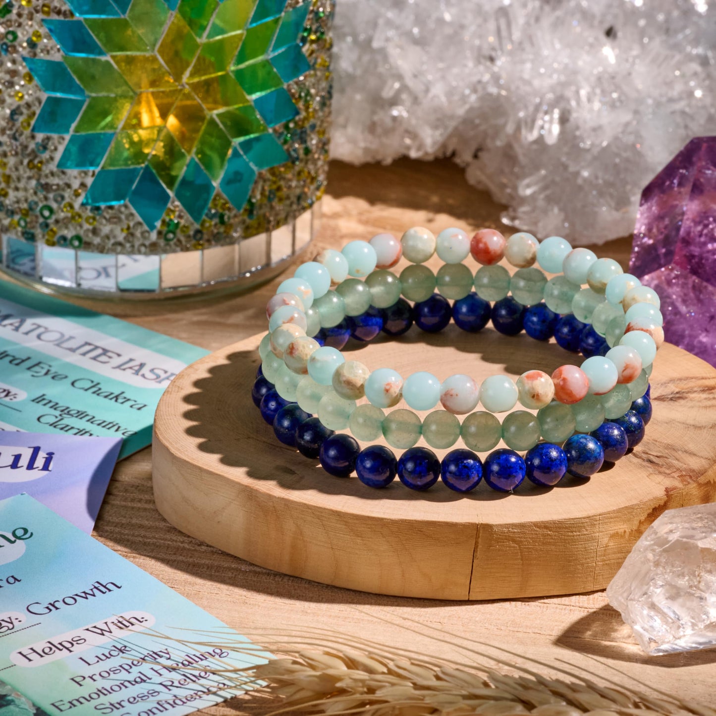 Bivei 3-Piece 8mm Beaded Bracelets for Women – Lizardite, Green Aventurine, Lapis Lazuli – Handmade Natural Crystal Stretch Elastic Jewelry for Meditation, Yoga, Protection Gifts