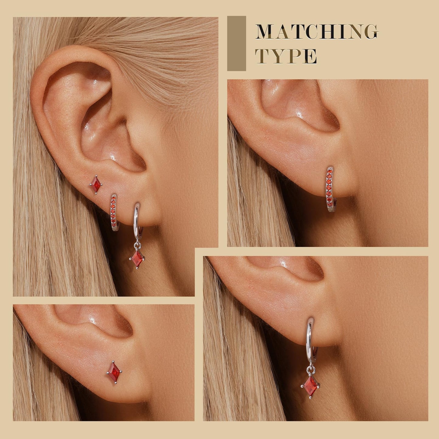 3 Pairs Sterling Silver Hoop Earrings Set for Women, Hypoallergenic Silver Red Earrings for Multiple Piercing, Dainty Huggie Ruby Earring Cartilage Earring Stacks Trendy Red Jewelry Gifts