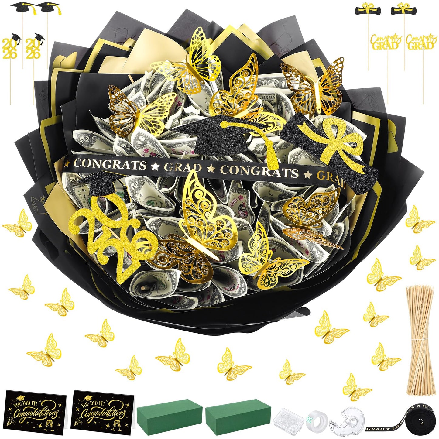 Colingmill Graduation Money Bouquet Kit 30 Sheet Flower Wrapping Paper 100 Pcs Skewers Floral Butterflies Rhinestone Pin Foam Blocks Ribbons Greeting Cards for DIY Congratulation Graduate Gift
