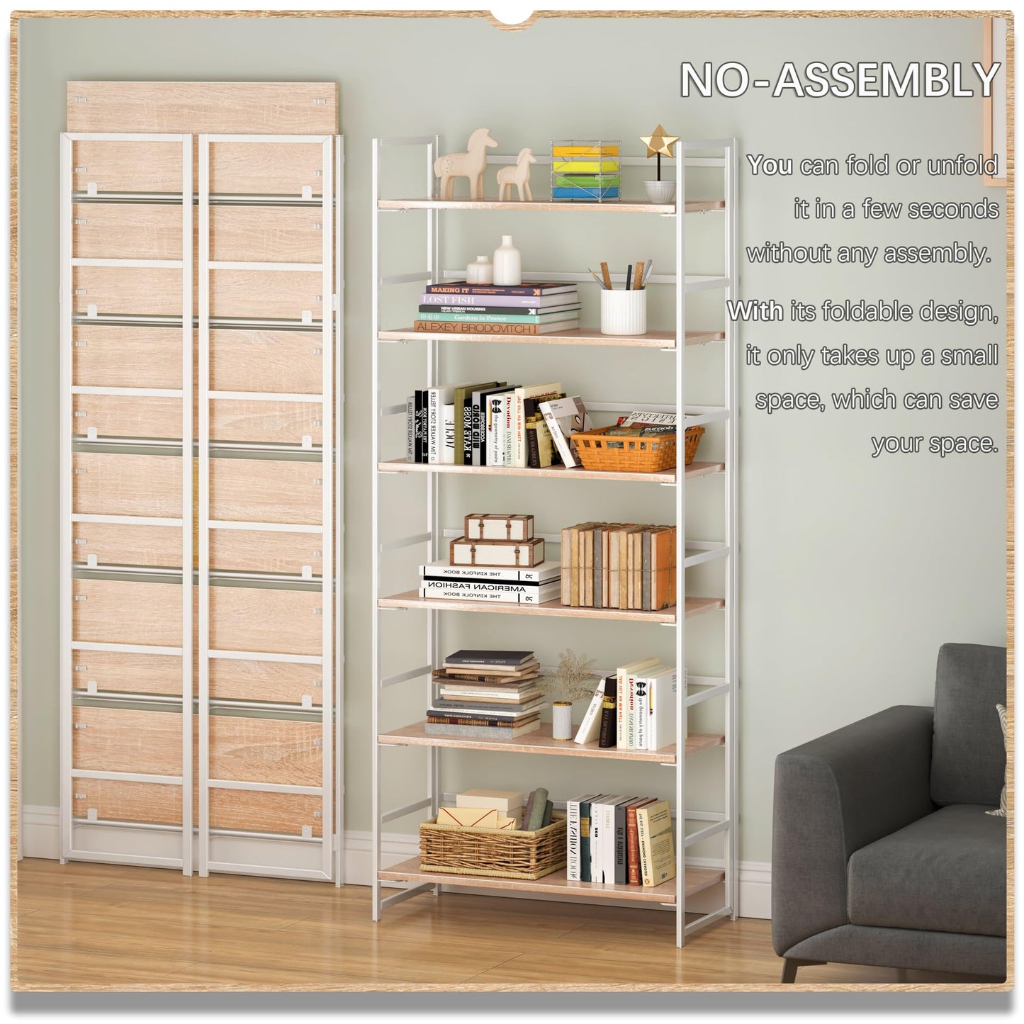 4NM No Assembly 6 Tiers Collapsible Book Shelves, 61.8" H Folding Bookshelf Bookcase Open Industrial Foldable Shelves for Bedroom, Living Room, Home Office - Natural White