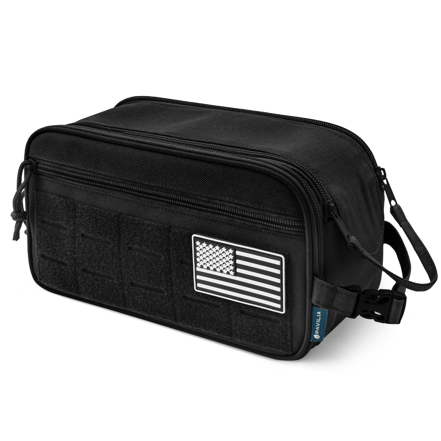 PAVILIA Tactical Toiletry Bag for Men, Travel Hygiene Bag, Military Gear Dopp Kit, Water Resist Molle Accessories Pouch, Mens Shaving Essentials, Gym Bathroom Shower Small Toiletries Tool EDC, Black