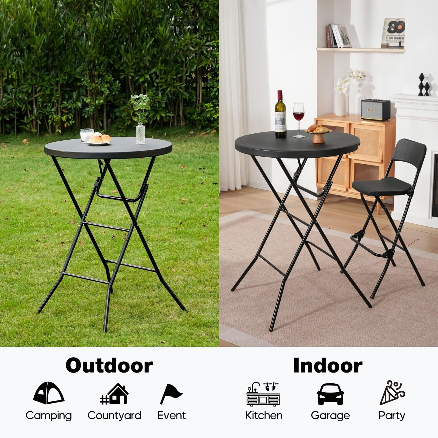 GlowitLian 32" Round Folding Table, Portable Bar Height Folding Table with Detachable Legs, Round Foldable Table with HDPE Top for Standing Parties, Balcony, Event, Indoor Outdoor Use (Black, 1 Pack)
