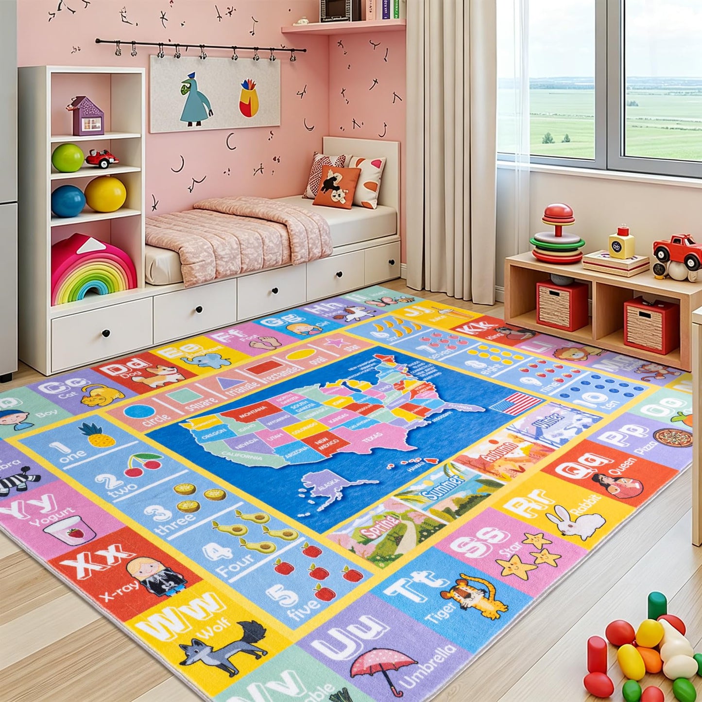 OHDS Kids Rugs for Playroom - Soft & Non-Slip 5x7 Feet Educational Rug for Learning ABC Alphabet, Numbers, Shapes & Map, Washable Classroom Rug for Toddler Nursery & Kids Room Decor