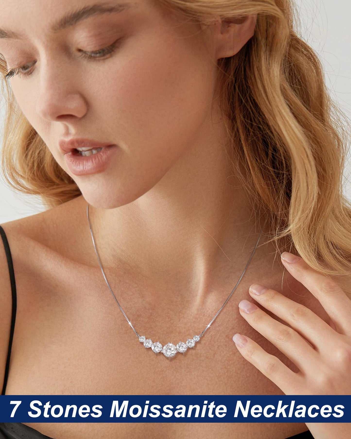 7 Stones Moissanite Necklace for Women, 5.0 Carat Moissanite Pendant Necklace 18k White Gold Plated Sterling Silver Dainty Pendant w/ 16.5+2.5 inch Adjustable Box Chain Fashion Jewelry Gifts for Wife