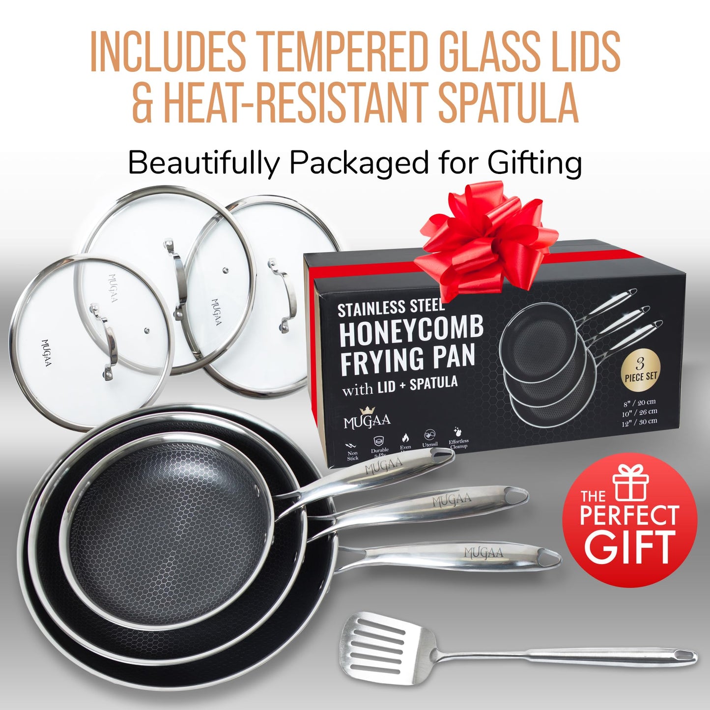 MUGAA Stainless Steel Frying Pan 3-Piece Set + Large Stainless Steel Cutting Board – Honeycomb Nonstick Skillets (8”, 10”, 12”) with Lids & Spatula, Double-Sided 304 Steel Board with Knife Sharpener