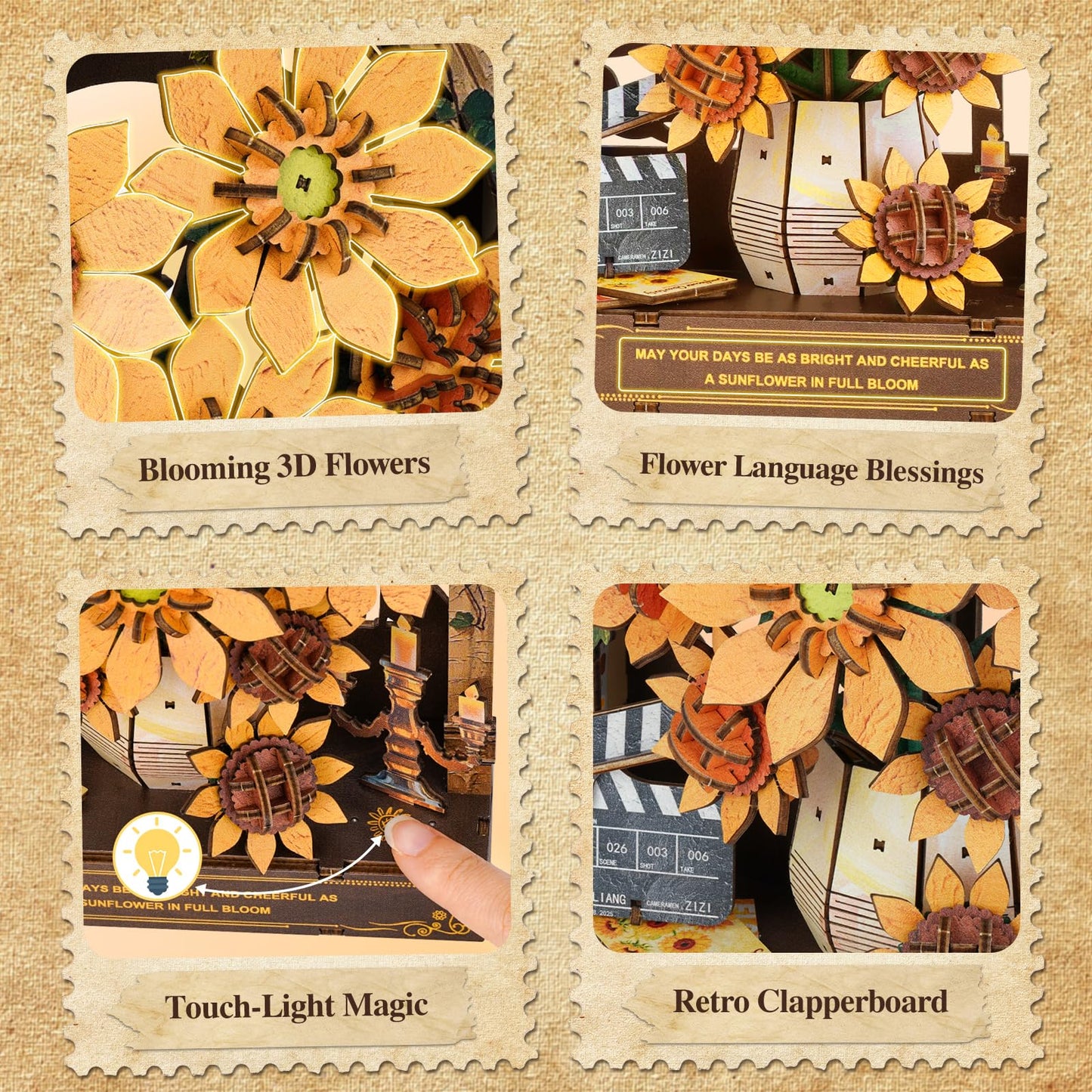 Cutywood 3D Wooden Puzzles for Adults - Sunflower 3D Art Wall Decor with LED Light, DIY Wooden Flowers Model Kit Building Set Crafts for Adults to Build Ideal Creative Gift for DIY Lovers