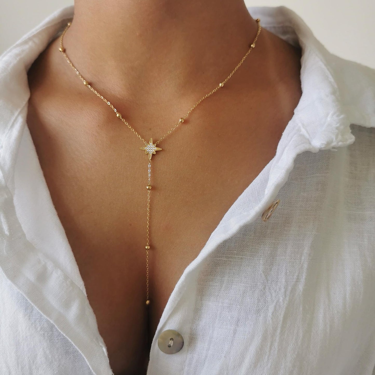 FUCJOEE Long Necklaces for Women Trendy - Dainty Lariat Necklace 14K Gold Plated CZ Star Y Shaped Beaded Drop Necklace Cute Long Gold Necklaces for Women Formal Prom Jewelry Gifts