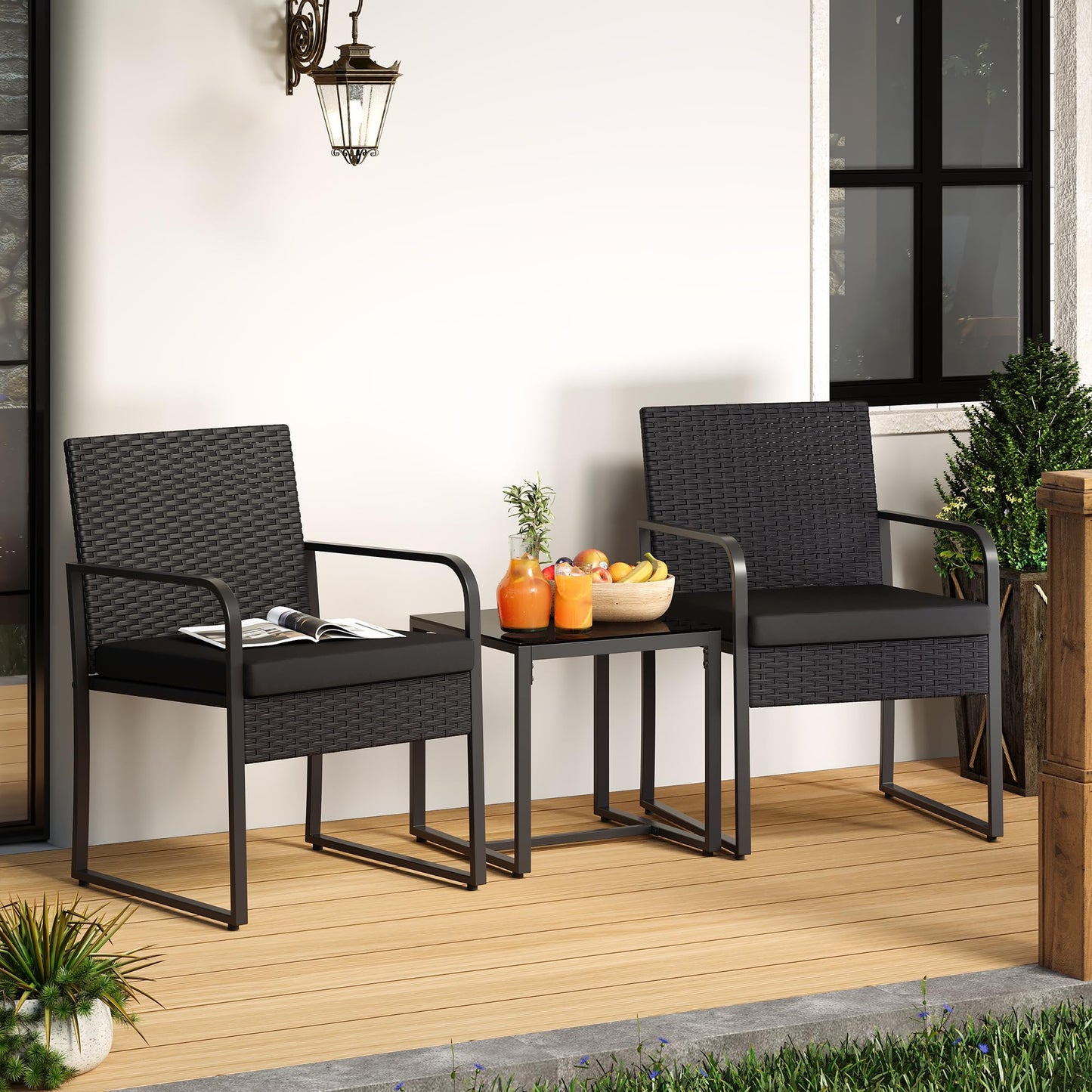 Gizoon 3 Pieces Patio Bistro Sets, Outdoor Rattan Conversation with Glass Table, Wicker Furniture Set with Cushion, for Backyard, Porch, Poolside, Lawn, Black