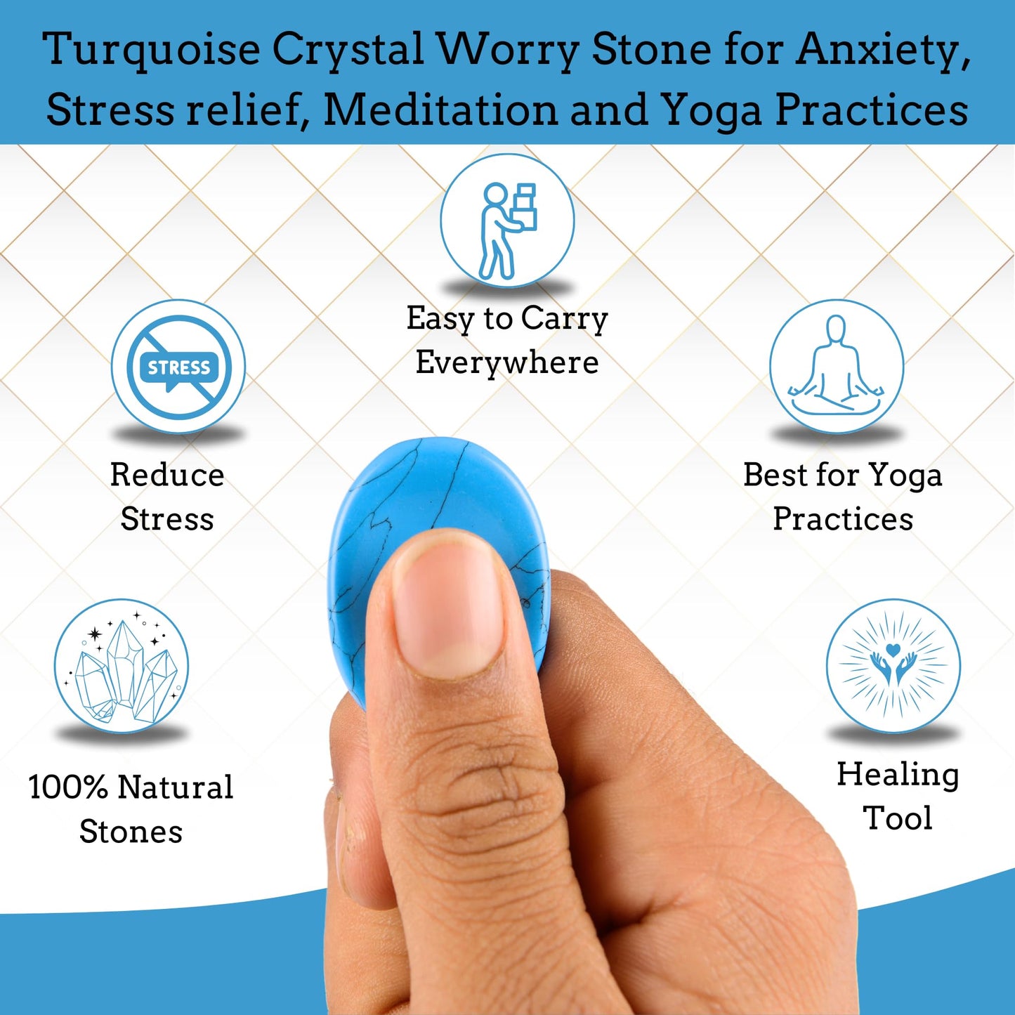 Anaya Agate Turquoise Howlite Worry Stones Certified Crystal Thumb Worry Stone for Anguish, Relaxing and Soothing Balance Stones for Meditation, Stress Relief Crystals and Healing Stones for Men Women