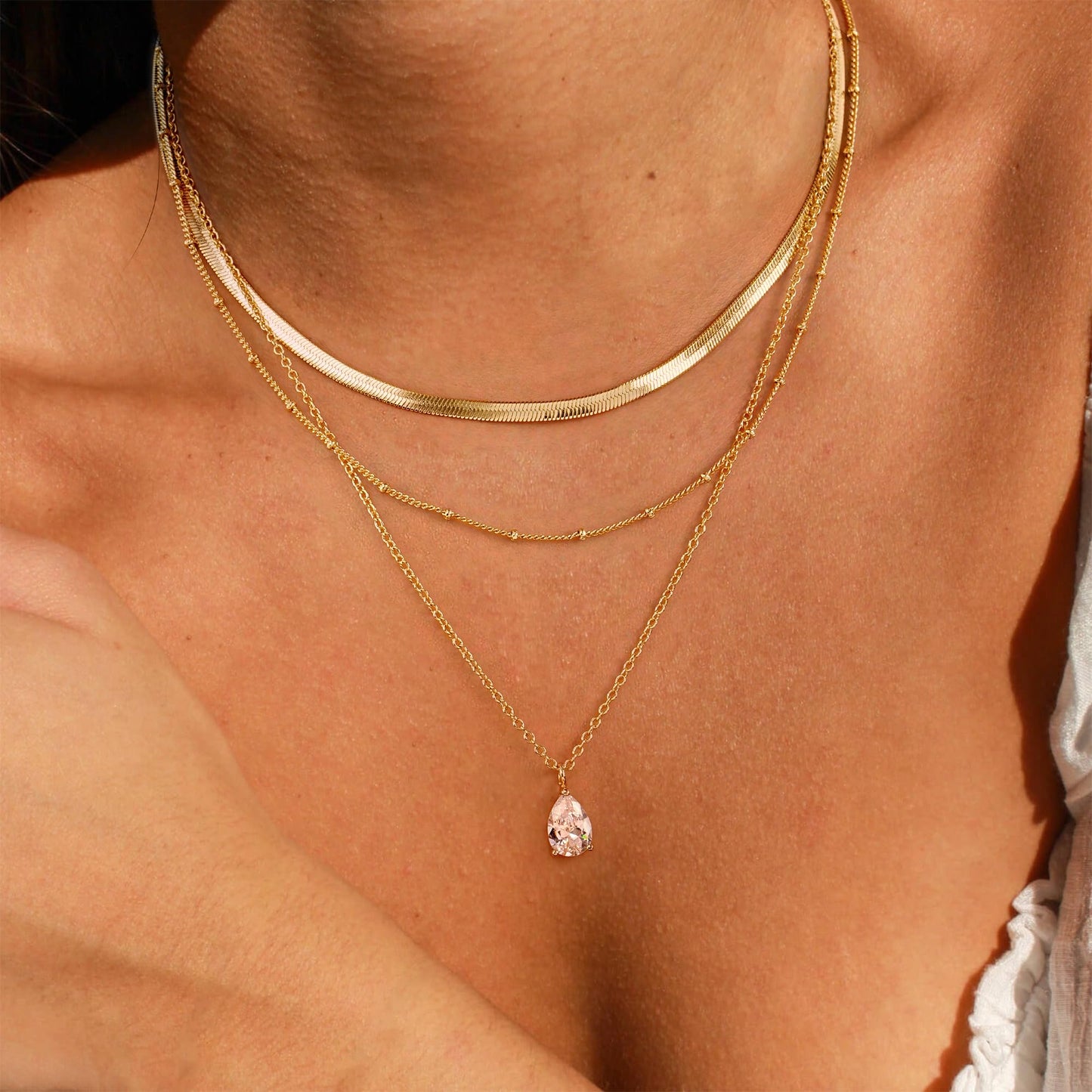 YOIHUR Layered Gold Necklaces for Women, 14K Gold Plated Beading Snake Chian Trendy Layering Water Drop Zircon Pendant Necklace Set Jewelry for Women