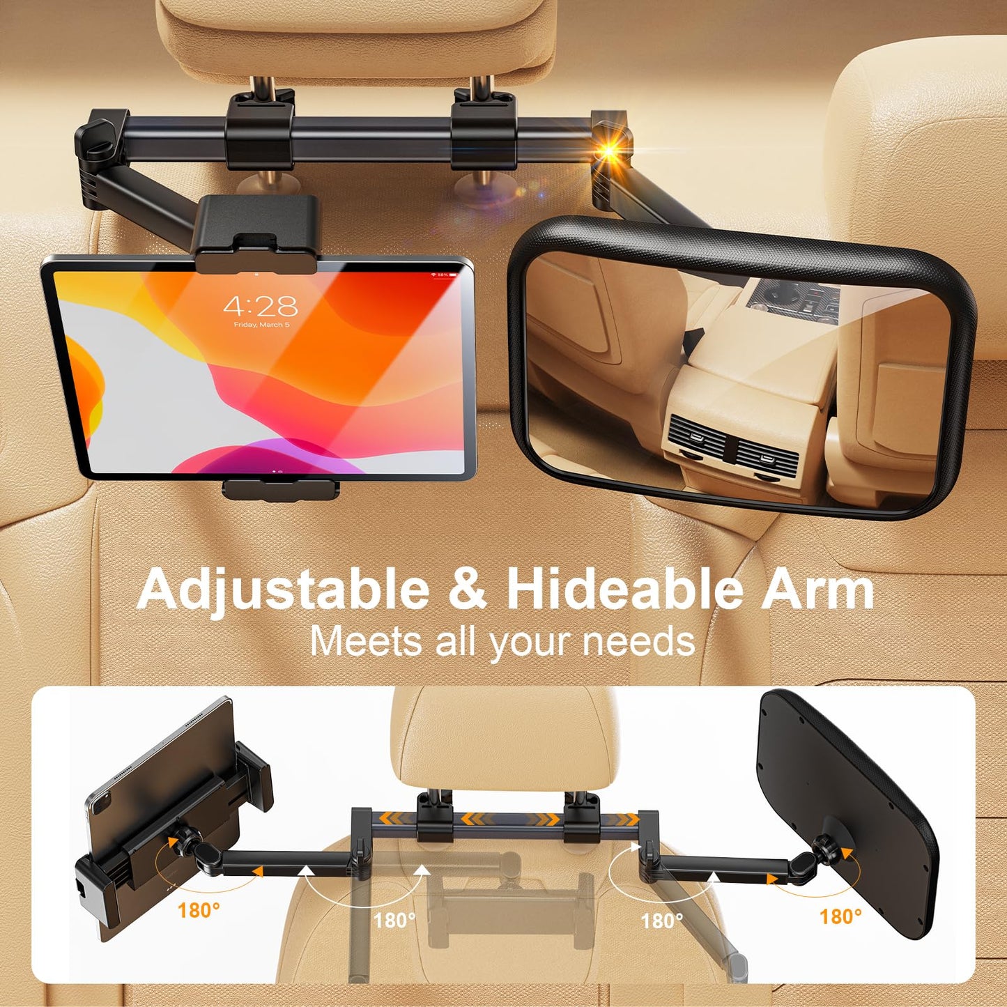 TAZENI Baby Car Mirror, 2 in 1 Car Mirror for Baby with Tablet Holder for Headrest, Safety Original Clarity for iPad Holder Mount, New Born Essentials, Crash Tested & Certified