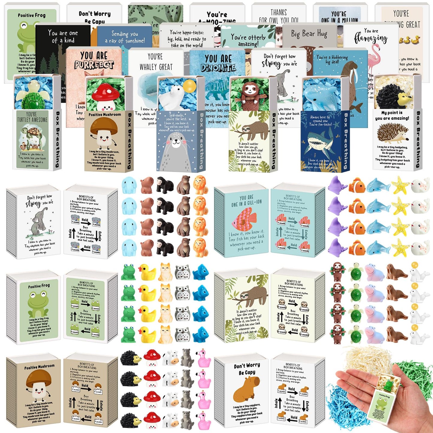 Cinnvoice 100 Sets Emotional Employee Appreciation Gift Bulk Positive Tiny Animals with Inspirational Card Box Breathing Gift for Dispatcher Lab Week Staff Coworker Team Teacher Nurse (Various Styles)