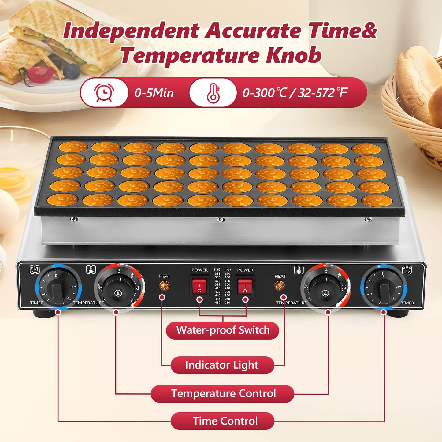 LANUEVA Mini Dutch Pancake Maker with Recipe, 50pcs 1.6" Electric Pancake Maker Machine Non-Stick Coating, Stainless Steel, Fast Heating, Home & Commercial Use (110V)