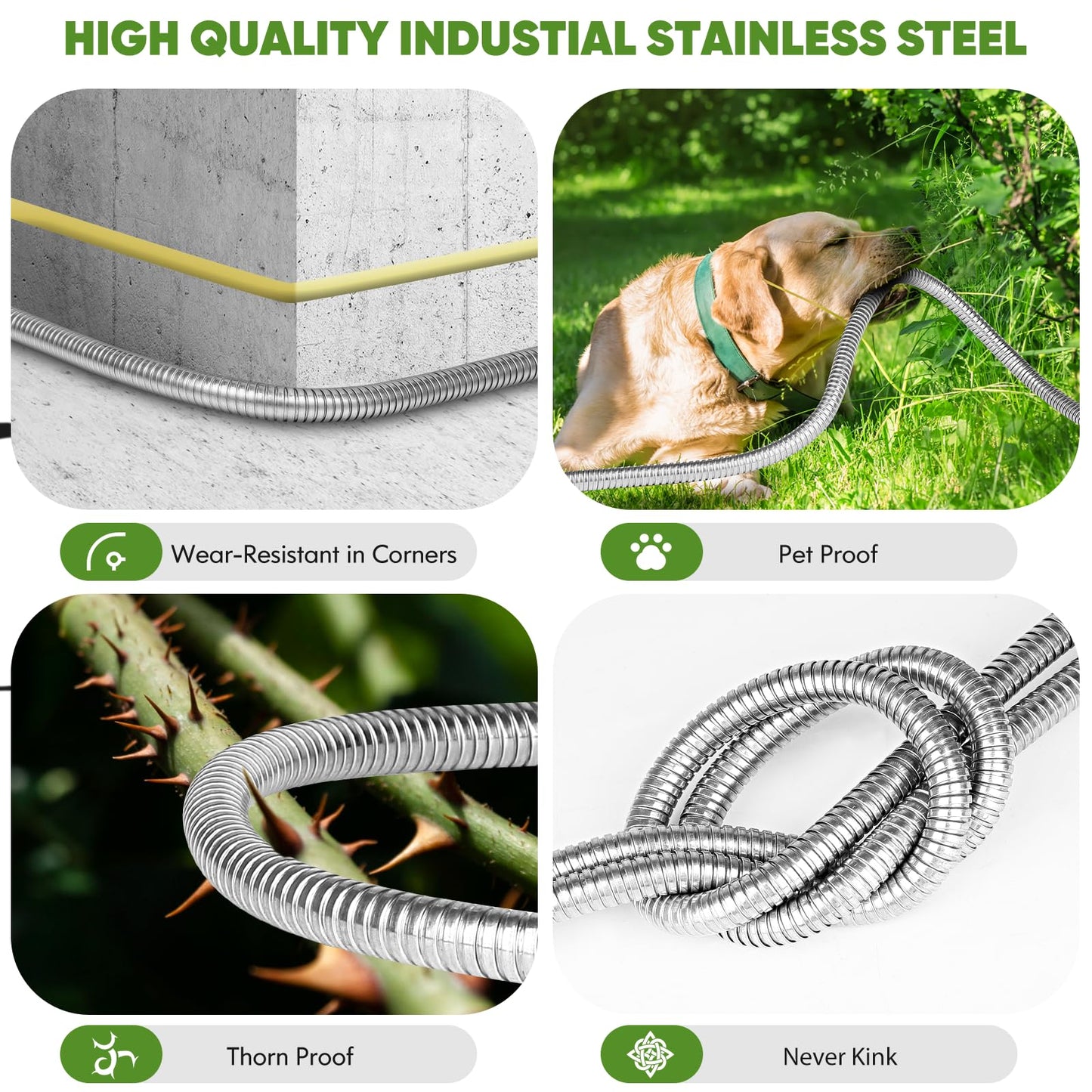 Garden Hose 50 ft, Stainless Steel Water Hose with 10 Function Nozzle Flexible, Heavy Duty, Lightweight, No-Kink, Pet Proof, Puncture Proof Hose Metal for Yard, Outdoor
