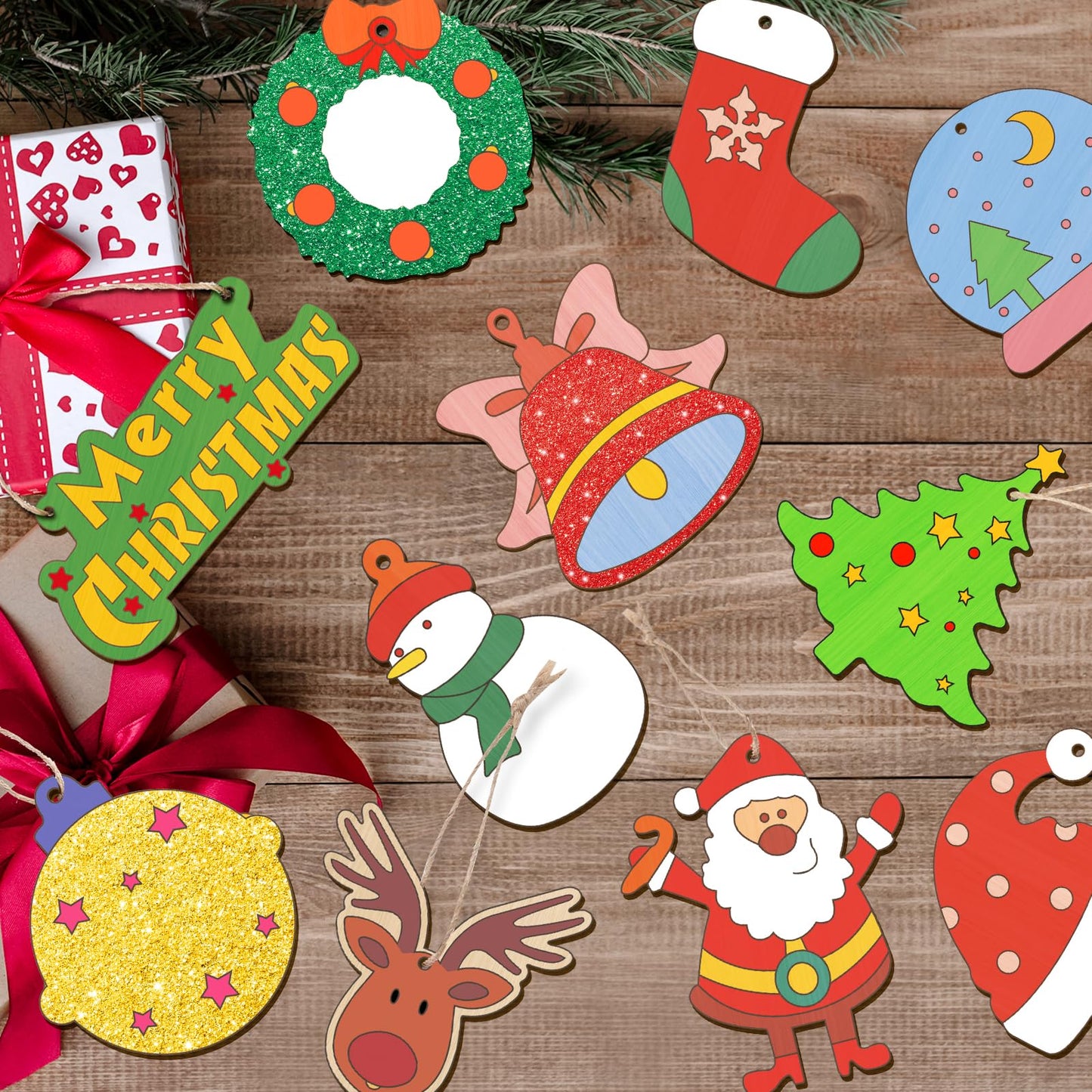Christmas Crafts for Kids,36 Pcs Wooden Christmas Ornaments with Ropes for Hanging Decoration, 12 Styles Unfinished Wood Slices with Hole, DIY Ornament Craft for Boys & Girls Aged 5 6 7 8 9 10 11 12