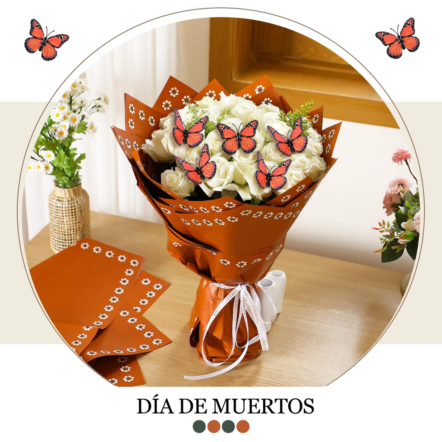 Fullhawl 20 Sheet Mexican Bouquet Floral Wrapping Paper with 10 Monarch Butterflies Waterproof Wrap for Mother's Day Wedding Birthday Baby Shower & Cinco de Mayo Party Gift Flower DIY Packaging