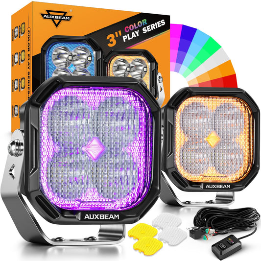 Auxbeam RGB Offroad LED Pod Lights 3 Inch 116W Flood Beam Ditch Lights 7 Colors Changing Gradient Backlights RGBW Multicolor Ambient Lighting with Covers, Color Play Series