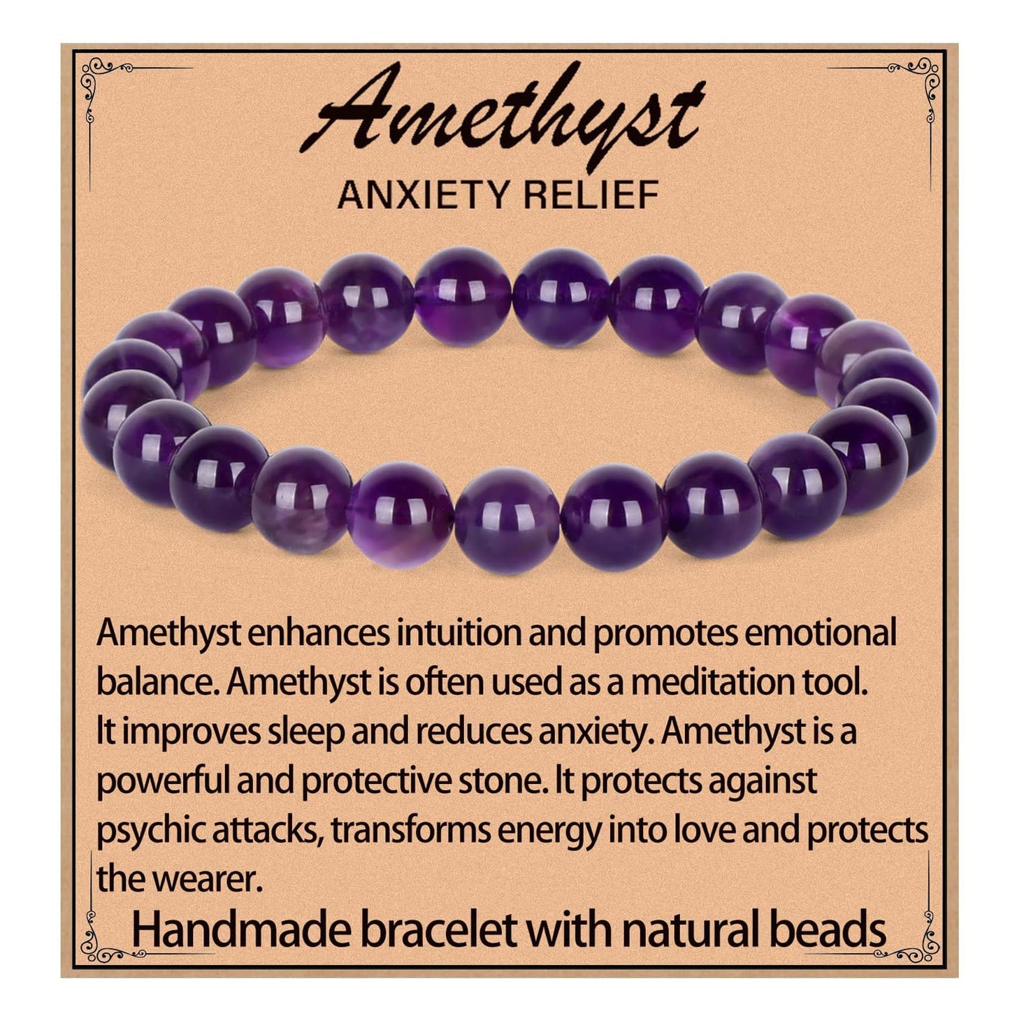 LPBeads Handmade Natural Gemstone Stretch Elastic 8m Amethyst Bracelet Healing Crystal Round Stone Beads Jewelry Gifts for Women Men