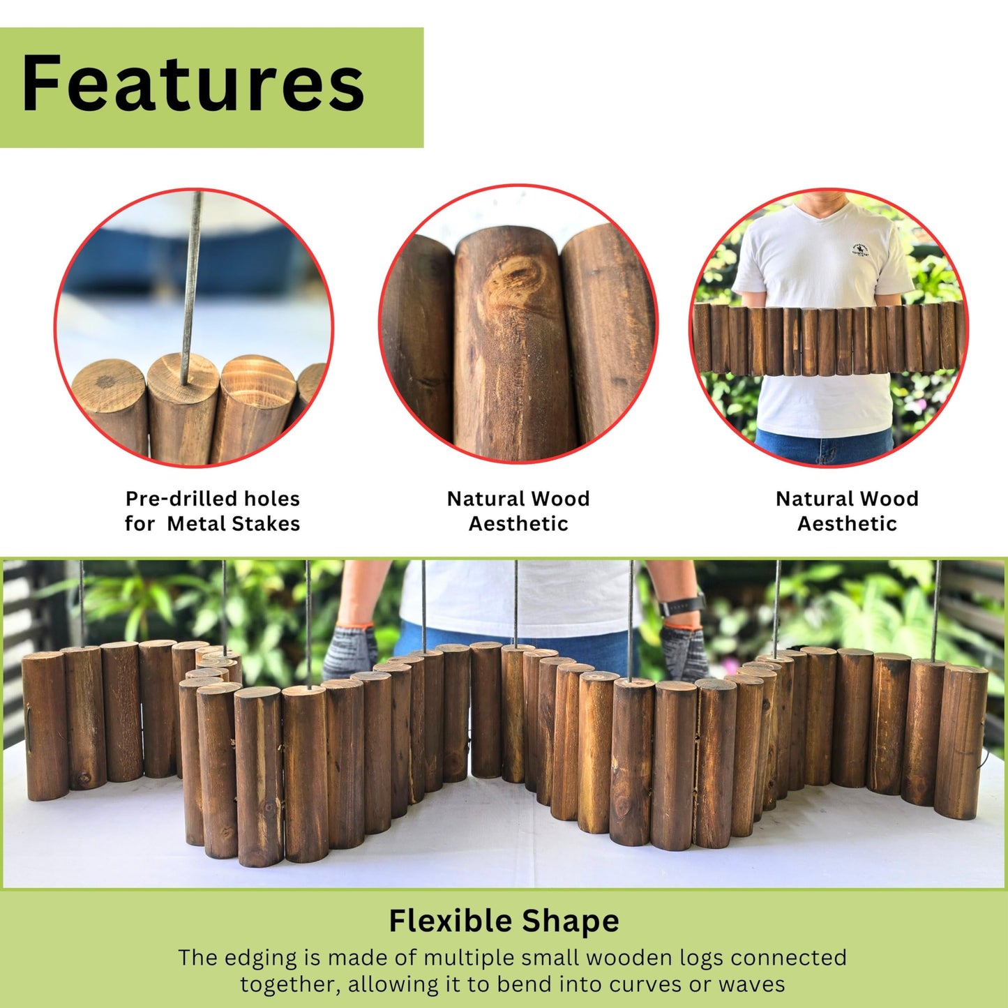 LaLaGreen Wooden Fence Panel (30"x8", 2 Pack) Brown Wood Decorative Flower Bed Landscape Fencing with Metal Stakes, Garden Edging Border for Lawn Yard Patio Pathway Tree Rings Barrier Outdoor Decor