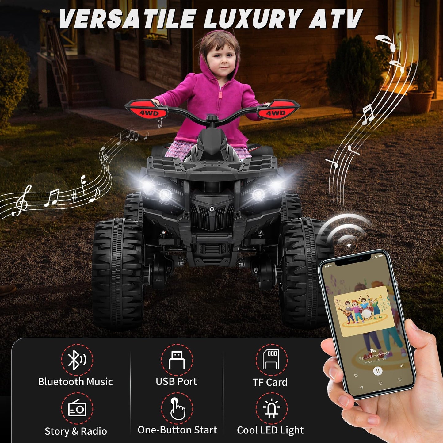 JOYRACER 24V Kids ATV 4 Wheeler, 4x4 Ride On Toys Car w/ 800W Motors, 9AH Battery Powered Car w/Remote Control, Bluetooth, MP3, USB, Spring Suspension, 2-Seater Quad for Boys Girls, Black