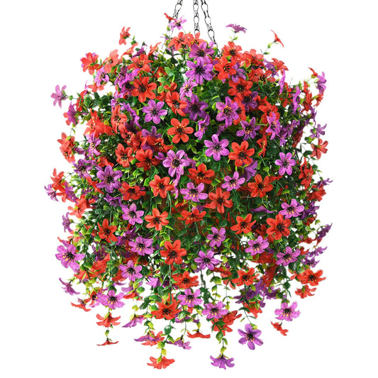 INQCMY Artificial Faux Hanging Flowers Plants Basket for Outdoor Outside Spring Decoration,UV Resistant Fake Silk Daisy in Planter Resistant Look Real for Home Porch Balcony Patio Yard Decor
