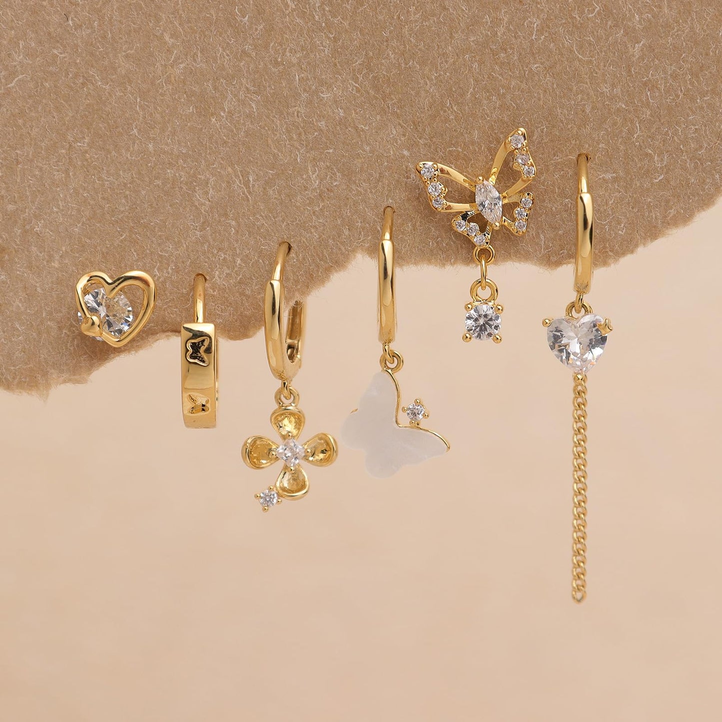 Frigotine Gold Butterfly Heart Small Hoop Stud Earrings Stack Set for Women, Dainty Sparkly Rhinestone Crystal Drop Multiple Piercing Cartilage Huggie Earing Holiday Prom Fashion Jewelry Gift