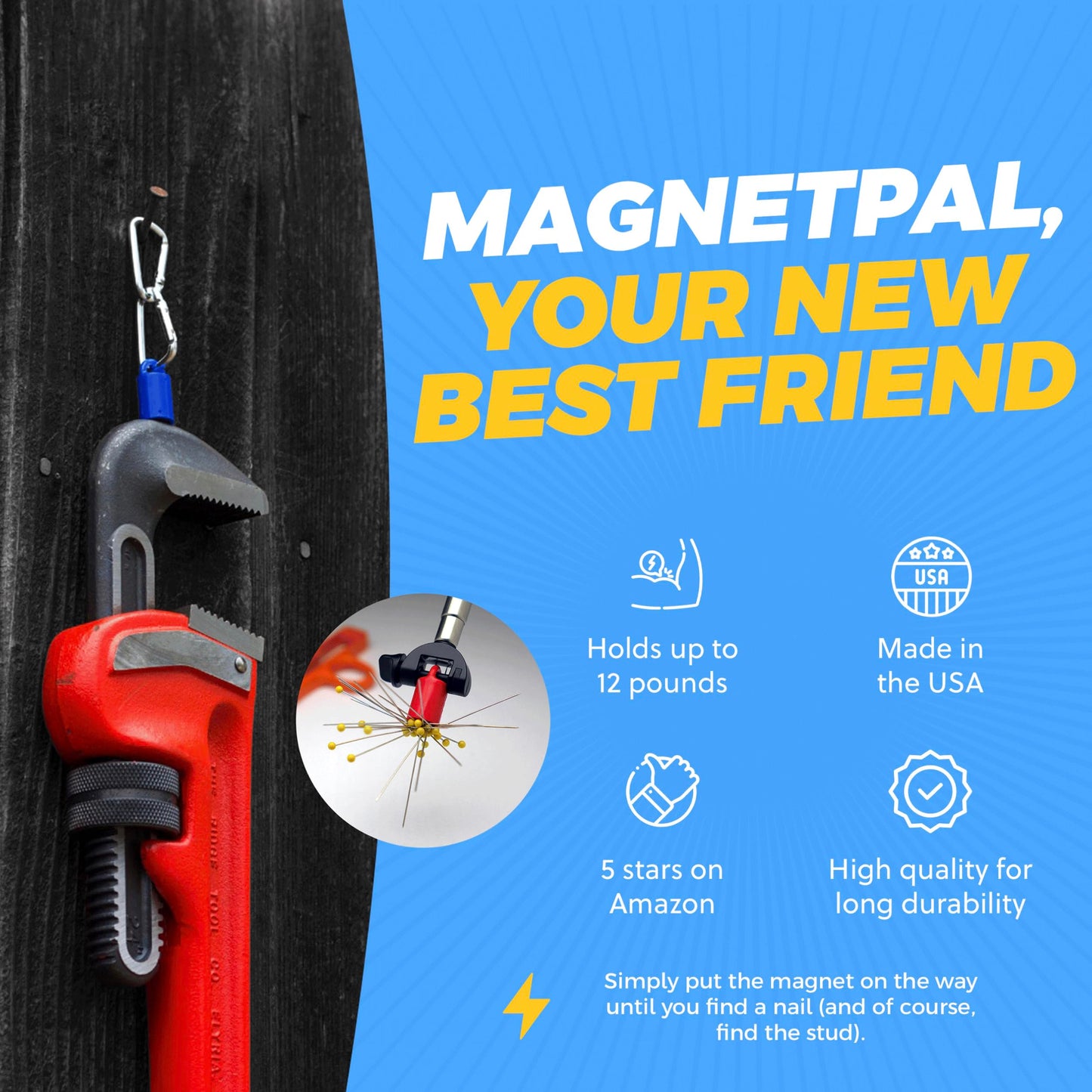 MagnetPAL Heavy-Duty Neodymium Anti-Rust Magnet, Magnetic Stud Finder, Hide-A-Key, Tool Holder & Retrieval, Most Powerful Magnet 12lb Pull, Indoor or Outdoor Multi Use Tools, Quick Release Keys Black