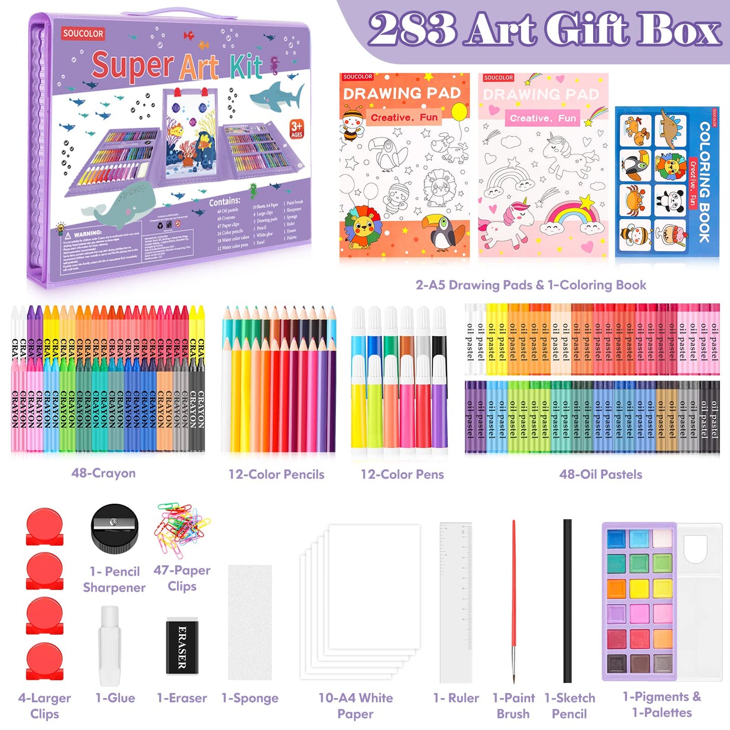 Soucolor Art Supplies, 283 Pieces Drawing Set Art Kits with Trifold Art Easel, 2 Drawing Pads, 1 Coloring Book, Crayons, Pastels, Arts and Crafts Gifts Case (Purple)