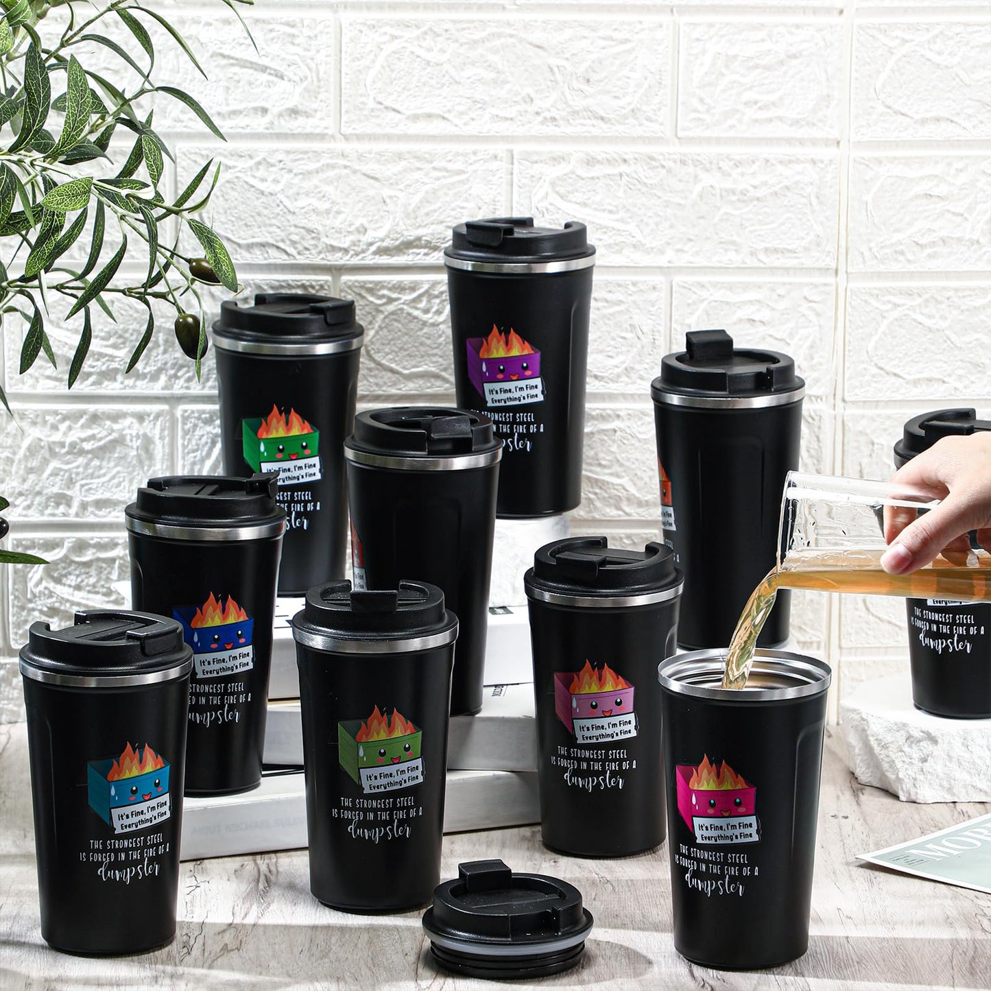 Skylety 10 Pcs Dumpster Fire Funny Tumbler 17oz Employee Appreciation Gift for Coworker Teacher Dispatcher Nurse Desk Accessories, Positive Everything Is Fine Mug Bulk Graduation Gift (Multicolor)