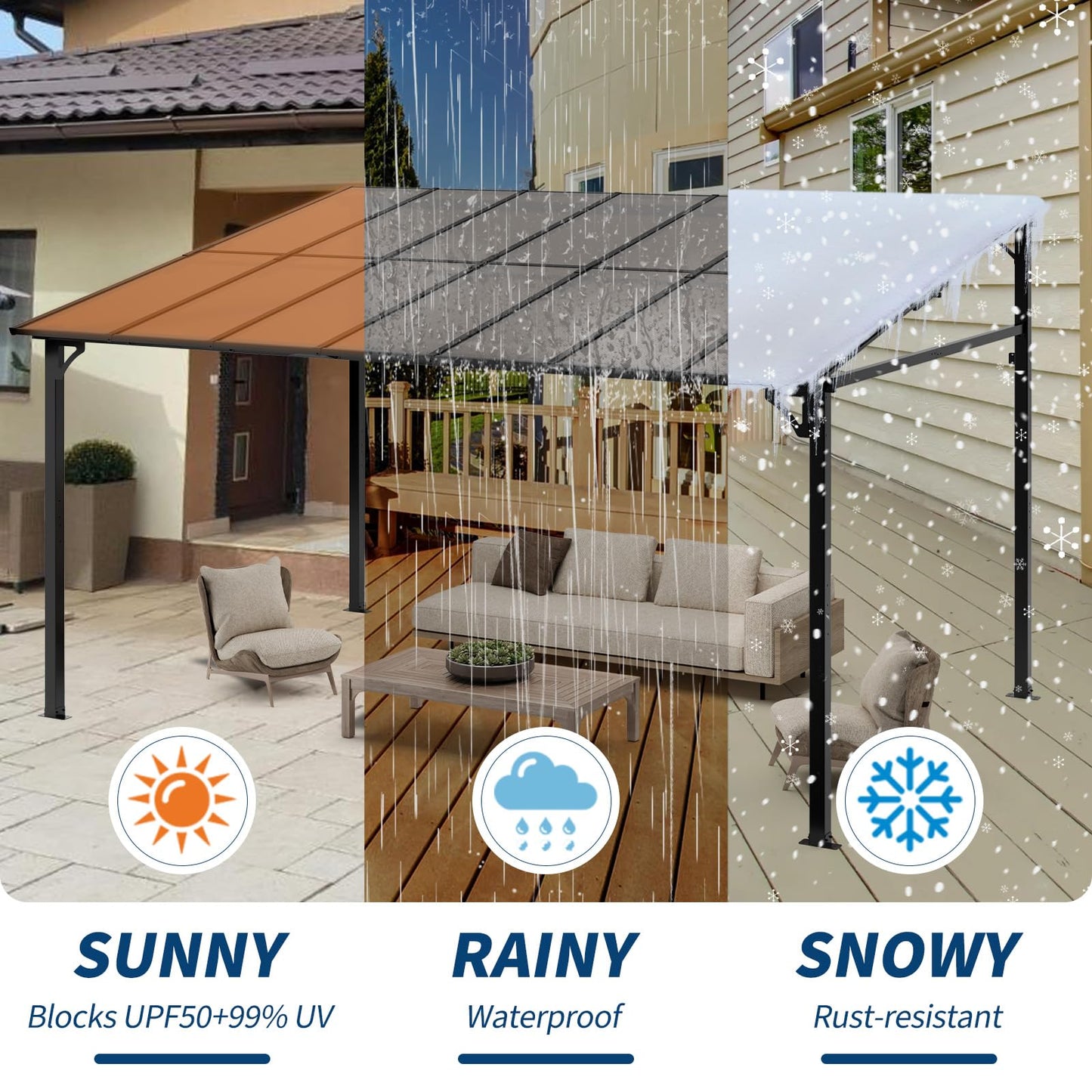 10x14 FT Heavy Duty Wall Mounted Gazebo Pergola,All-Weather Lean to Gazebo with 6mm Anti-UV Polycarbonate Roof & Pre-Drilled Post Bases,Metal Frame Awning,Hard Top Gazebos for Outdoor Deck & Backyard