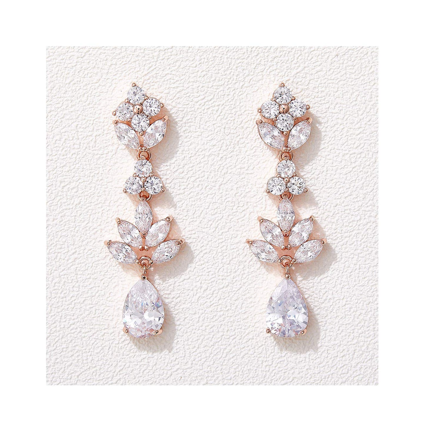 SWEETV Rose Gold Teardrop Wedding Earrings for Brides Birdesmaid, Crystal Cubic Zirconia Bridal Drop Earrings for Women Prom, Silver