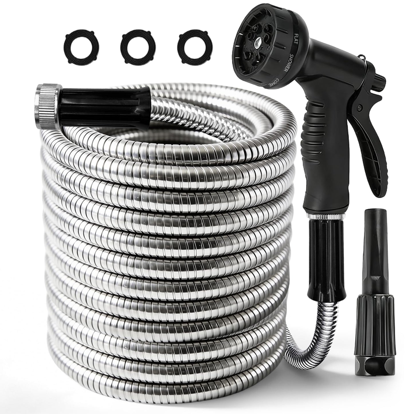 50 ft Metal Garden Hose with Dual Sprayer Set (10 & 6 Patterns), Professional 304 Stainless Steel Flexible Hose, 600 PSI High Pressure Resistant, Leak-Proof Water Hose for Car Wash & Lawn.