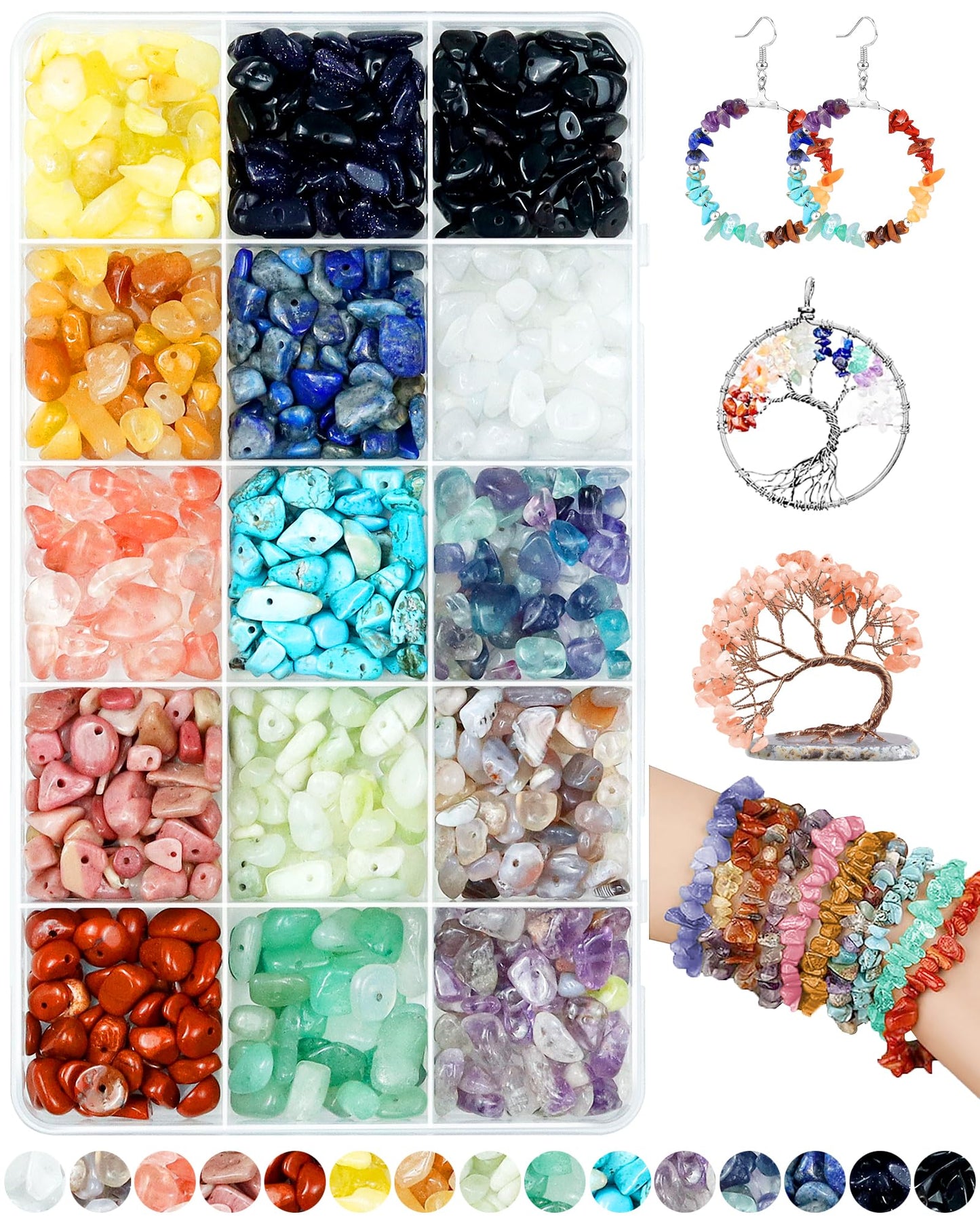 FIVEIZERO 600pcs Natural Chip Stone Beads 5-8mm - 15 Color Crystal Chip Beads for Jewelry Making, Valentine's Day Bracelet,DIY Irregular Gemstone Beads with Drilled Holes