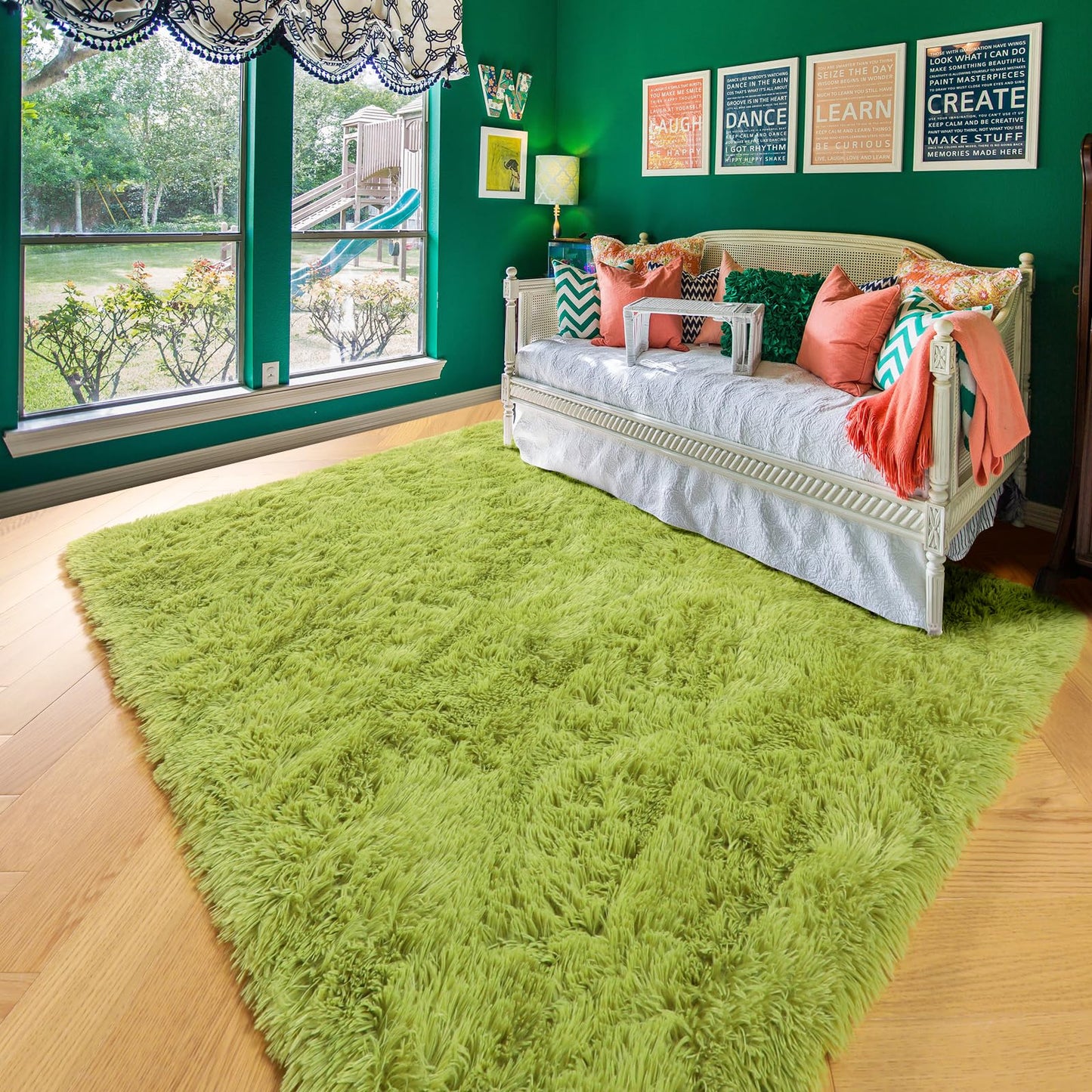 Amdrebio Grass Green Rugs for Living Room Bedroom Decor Aesthetic, 9x12 Large Fluffy Shag Area Rug for Kids Room Baby Nursery Teen Girls Boys, Cool Fuzzy Plush Cute Moss Carpet for Classroom Playroom