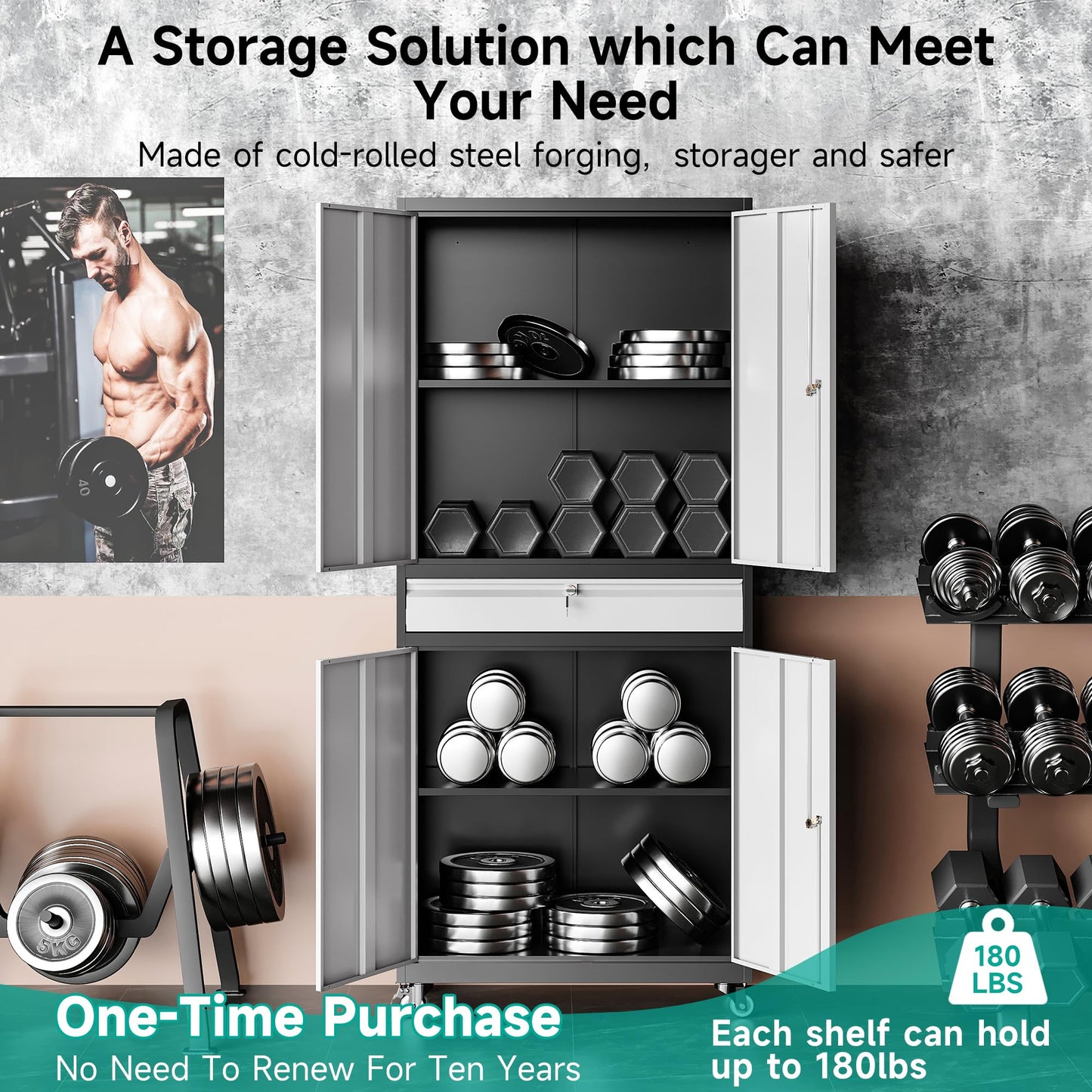 Metal Garage Storage Cabinet with Wheels and Drawer,Gray Rolling Garage Cabinet with Locking Doors and Adjustable Shelves,73" Tall Mobile Metal Storage Cabinets on Wheels for Home,Office,Garages,Tool