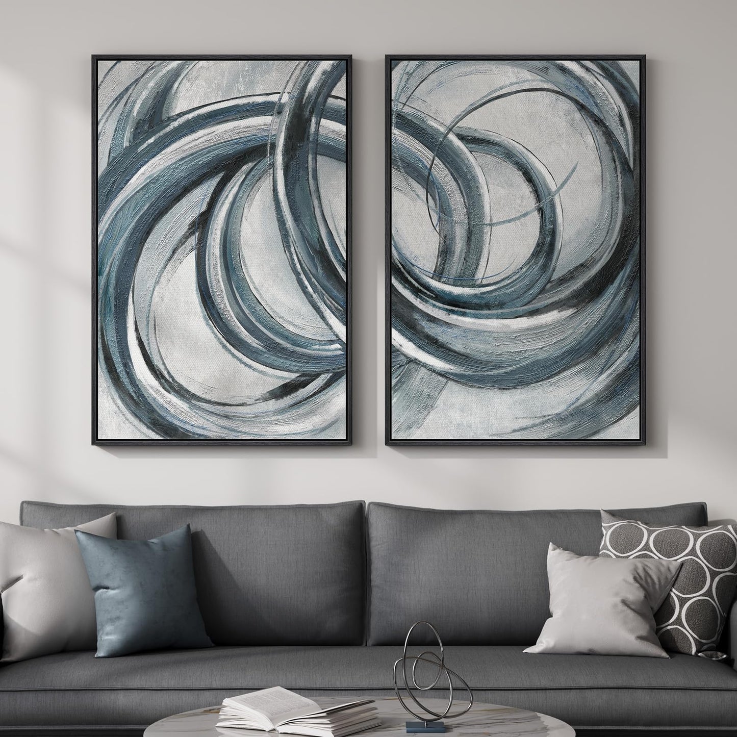 Framed Blue Gray Abstract Wall Art Set of 2, Modern Circle Line Canvas Artwork for Walls, Contemporary Abstract Paintings Prints for Living Room Bedroom Office Hallway Wall Decor, 24x36 In
