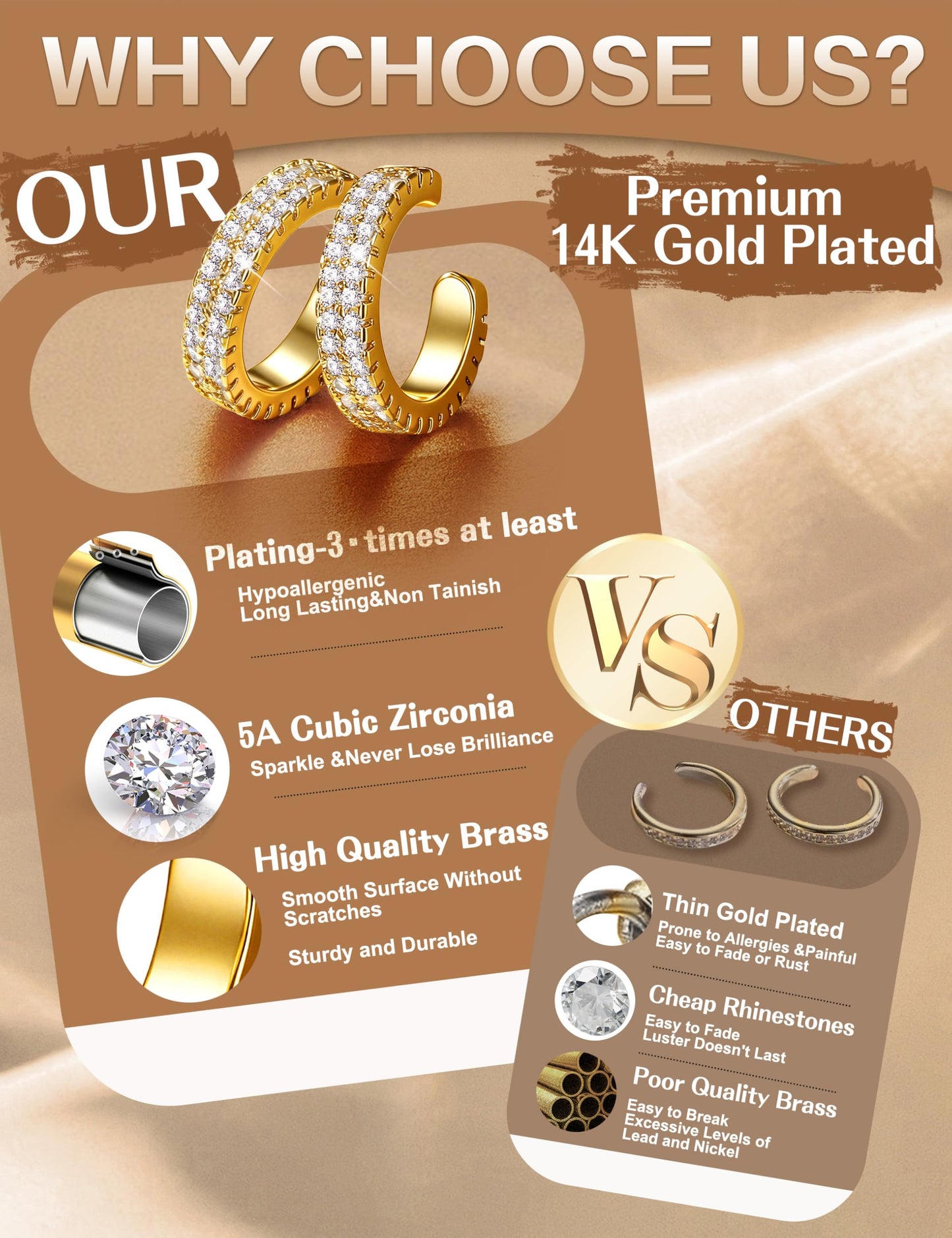 4 Pairs Ear Cuffs Non Piercing - 14K Gold Plated Ear Cuffs Earrings for Women Trendy Ear Cuff for Non Pierced Ears Clip On Carrtilage Earring Lightweight Adjustable Fake Earrings Set Chunky
